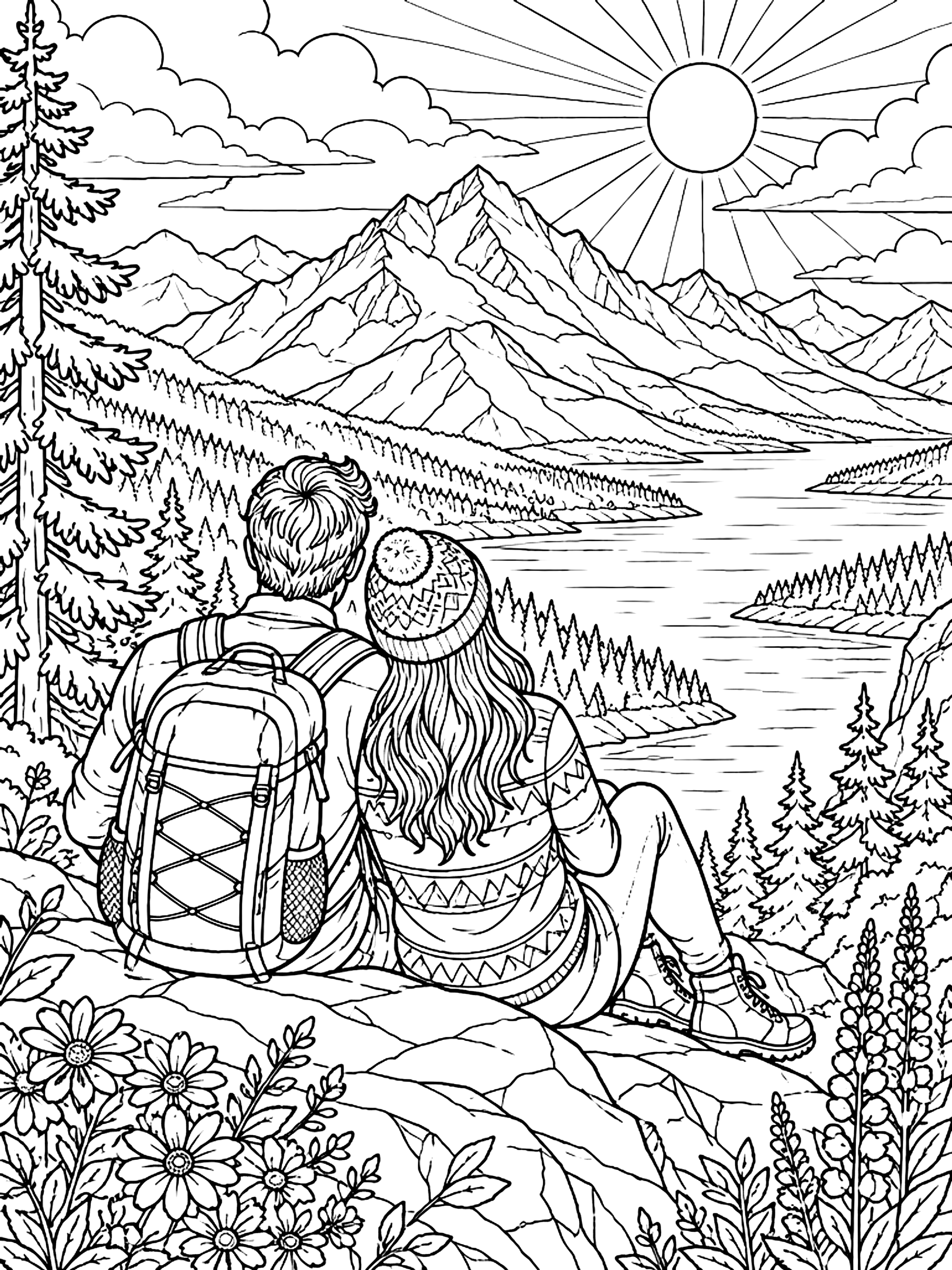Detailed Couple at a mountain lookout coloring page