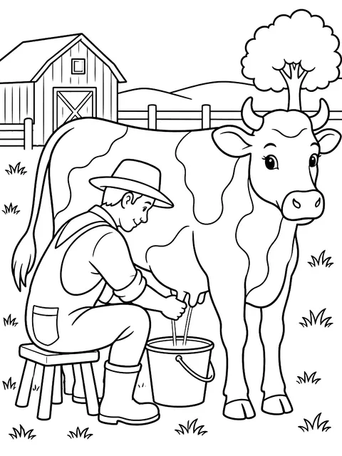 Farmer milking a cow coloring page