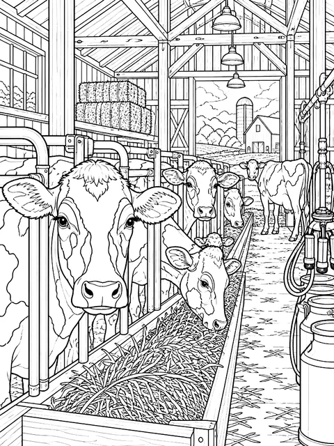 Detailed Cows in a dairy barn coloring page