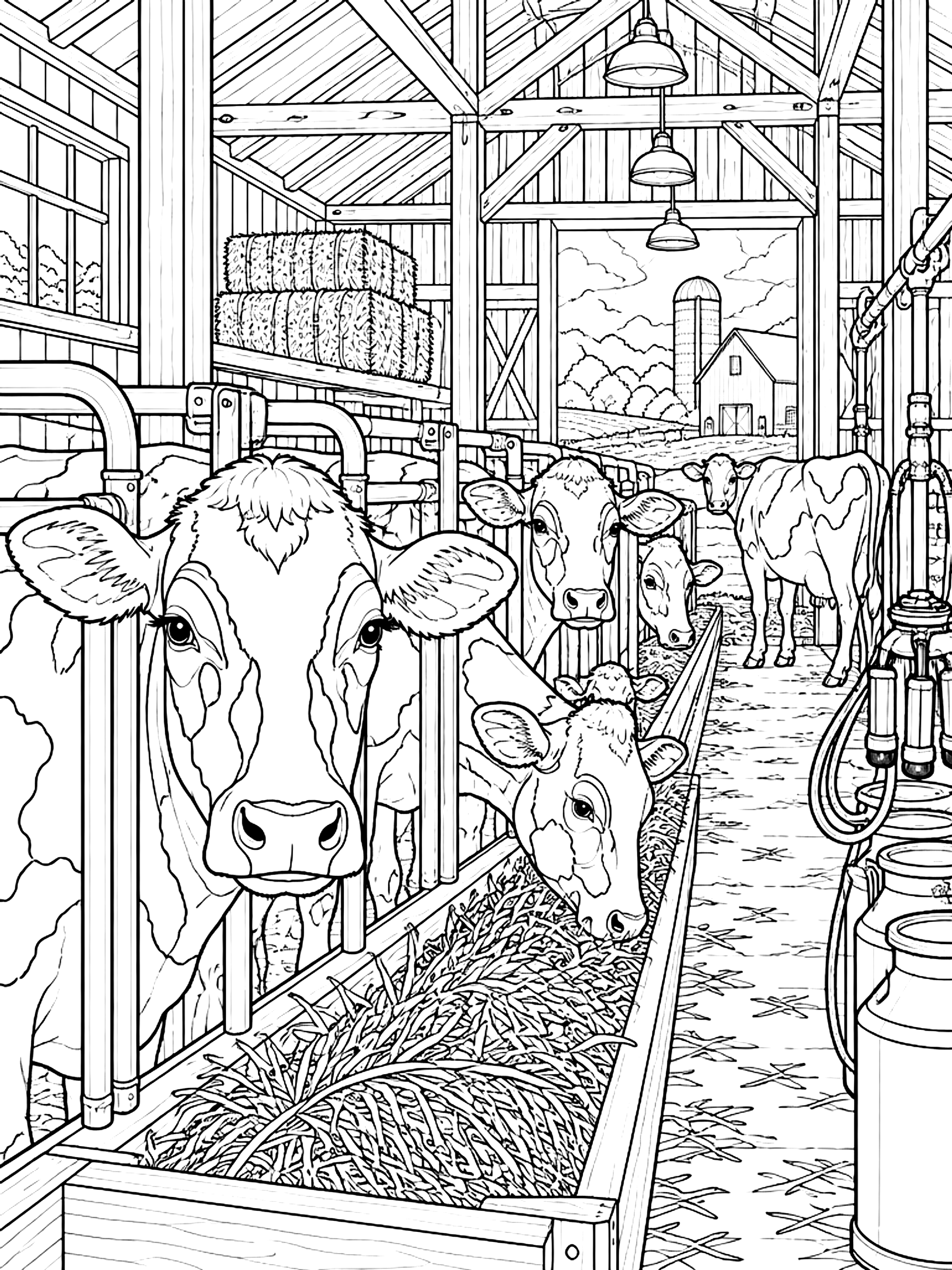 Detailed Cows in a dairy barn coloring page