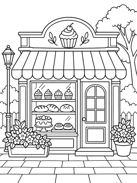 Bakery front with a striped awning coloring page
