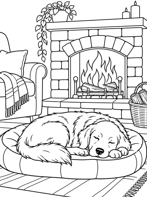 Dog asleep by a fireplace coloring page