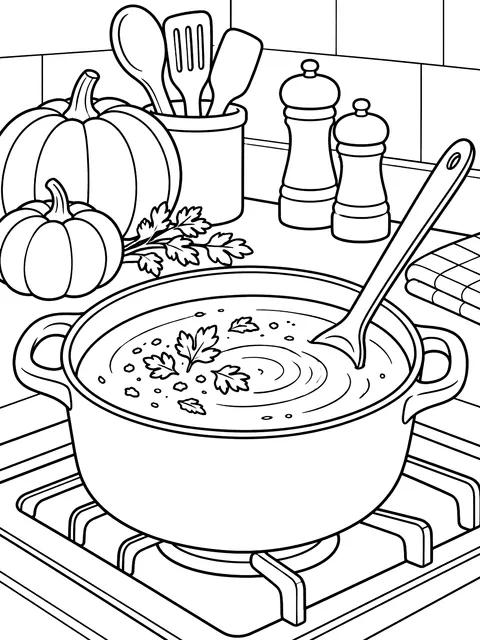 Pumpkin soup on the stove coloring page