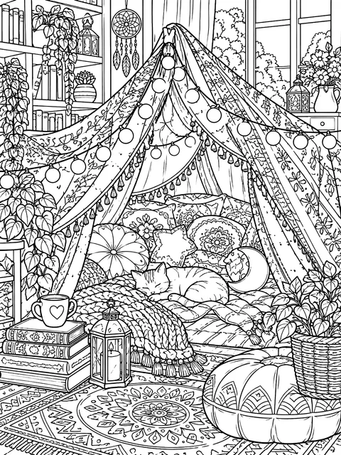 Detailed Blanket fort with string lights coloring page