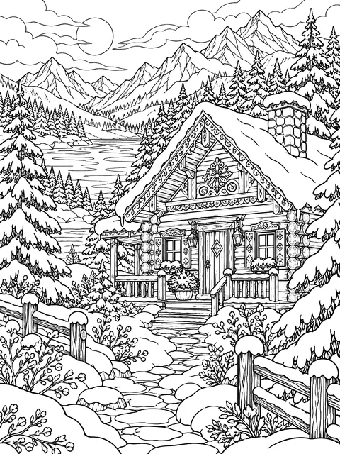 Detailed Log cabin in the snow coloring page