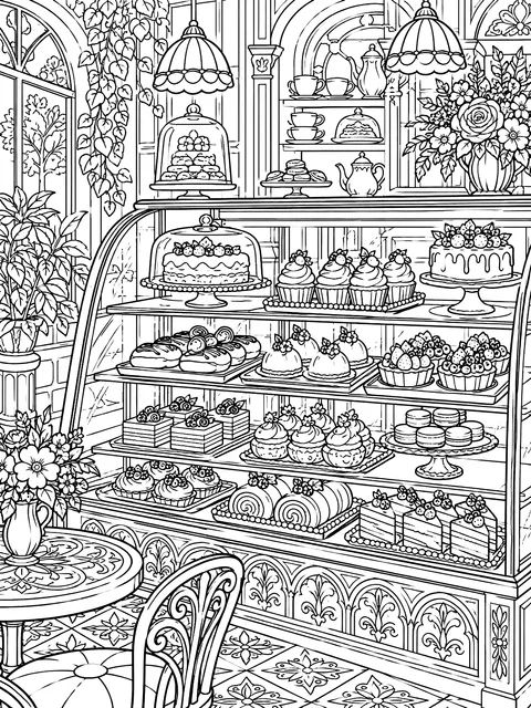 Detailed Café pastry case coloring page