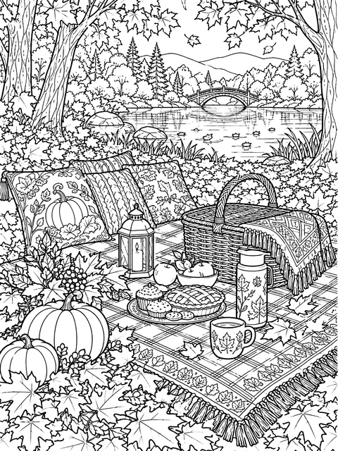 Detailed Picnic blanket in autumn leaves coloring page