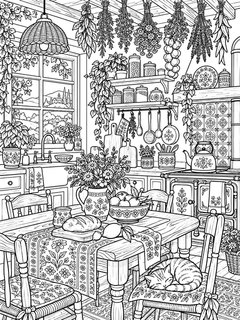 Detailed Cottage kitchen with hanging herbs coloring page