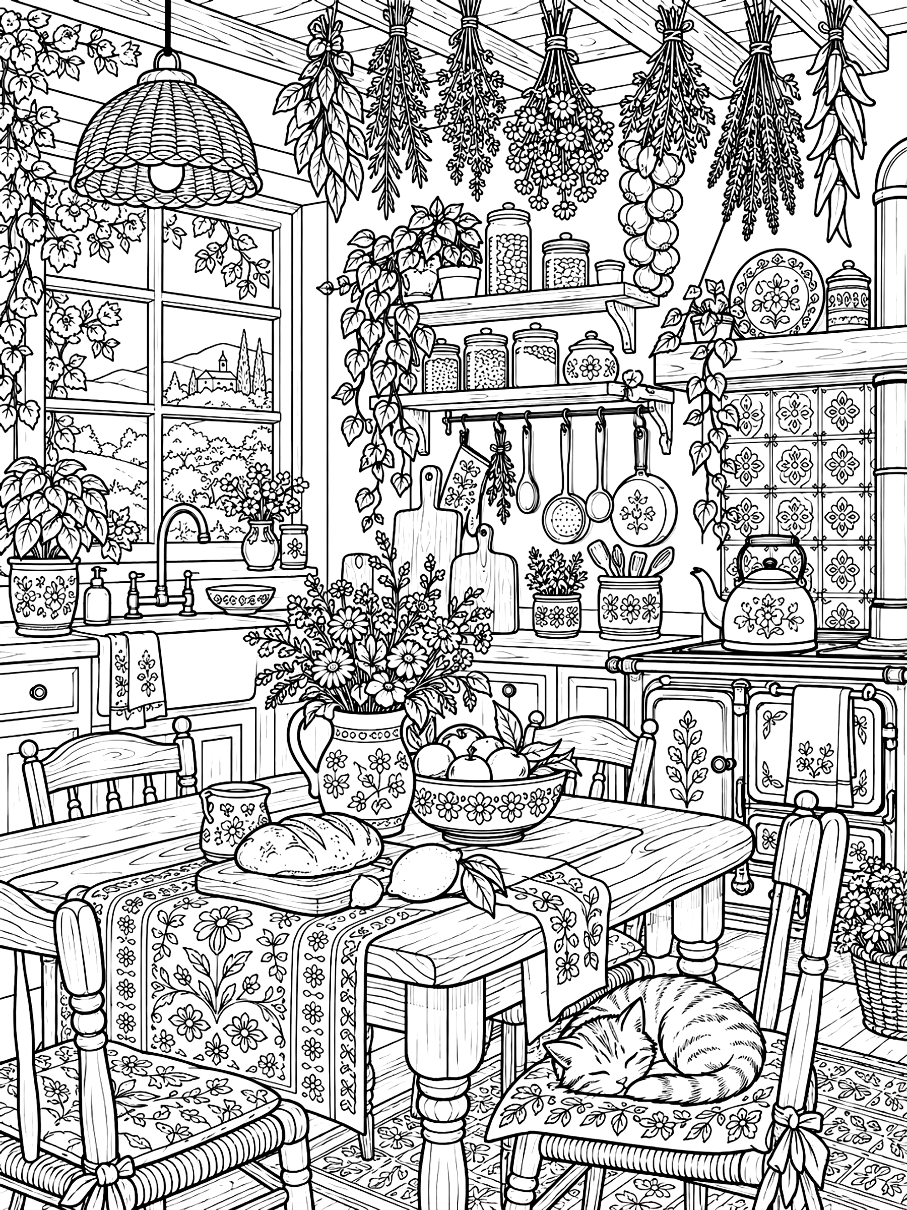 Detailed Cottage kitchen with hanging herbs coloring page