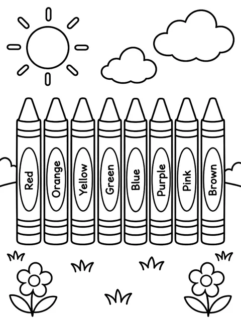 Eight crayons labeled with color words coloring page