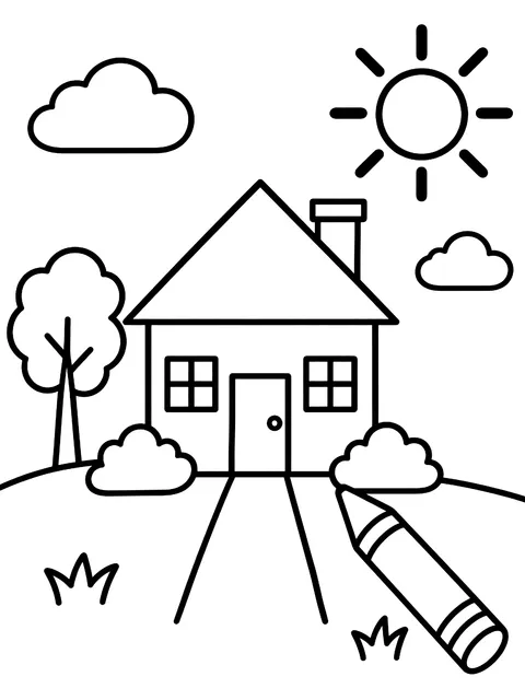 Crayon drawing a house and a sun coloring page