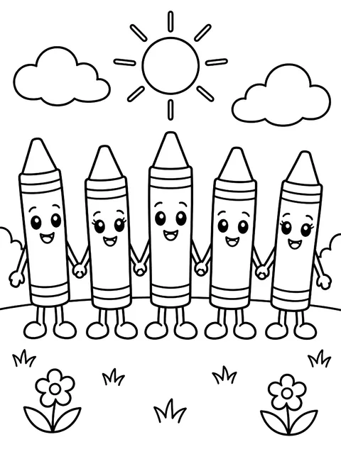 Row of crayon friends holding hands coloring page