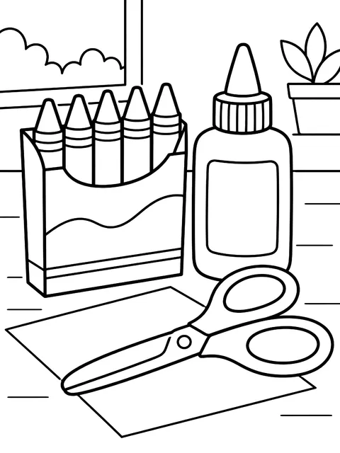 Crayons with scissors and glue coloring page