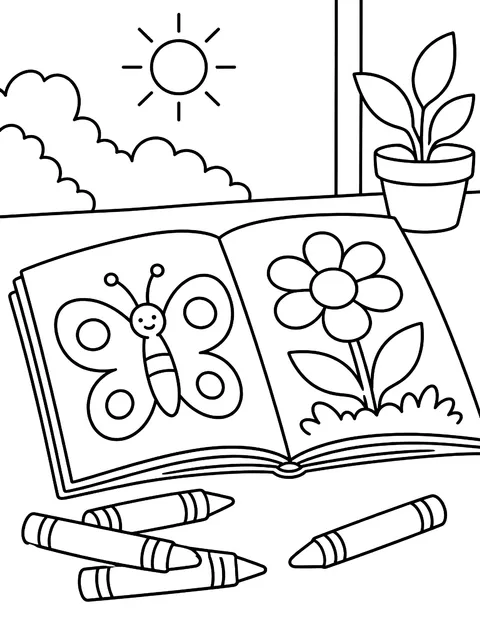 Crayons next to an open coloring book coloring page