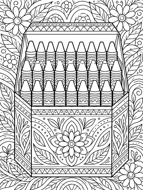 Detailed Big box with rows of crayons coloring page