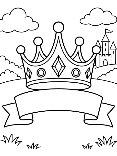 Crown over a blank ribbon banner coloring page
