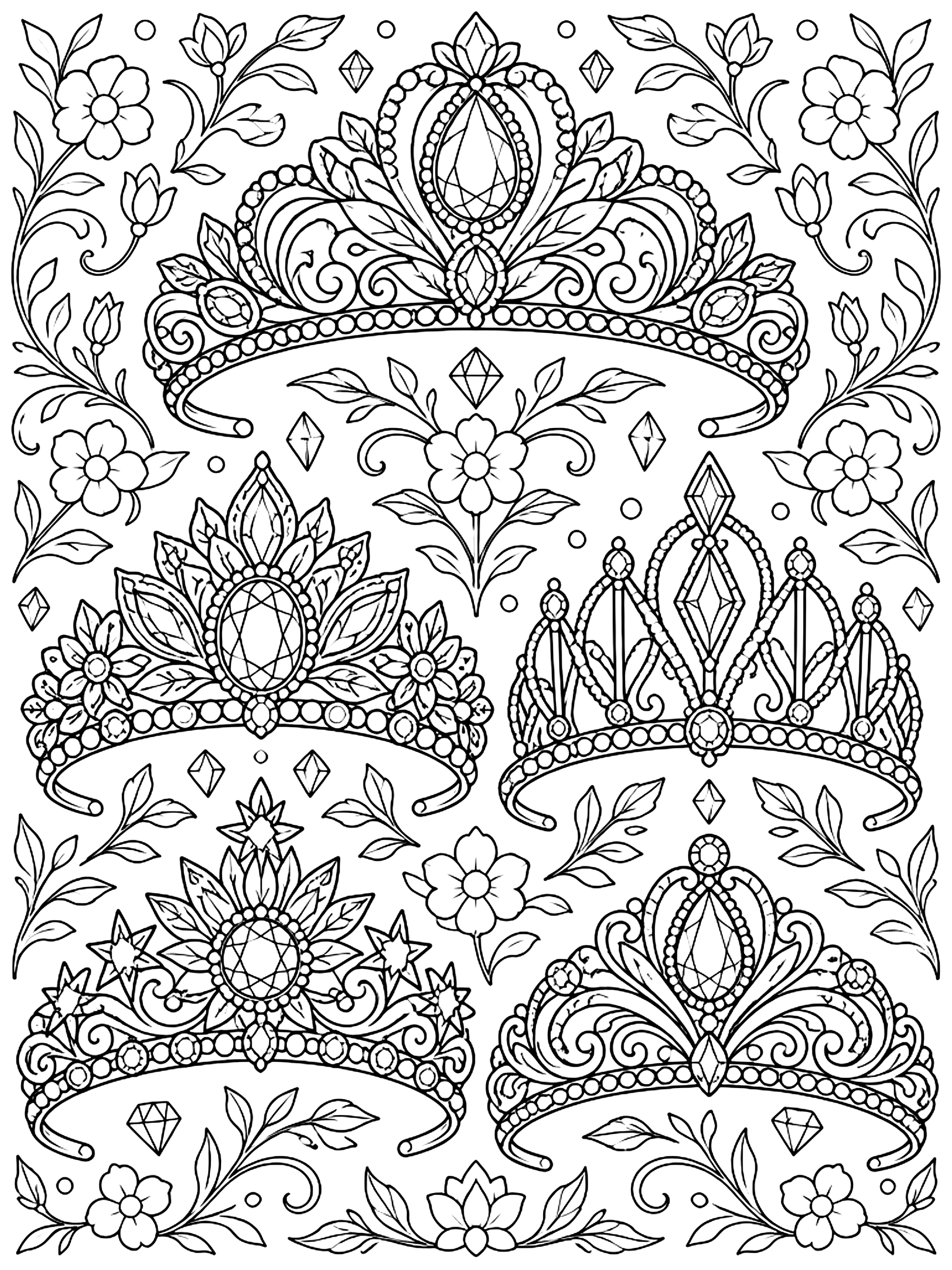 Detailed Collection of five ornate tiaras coloring page