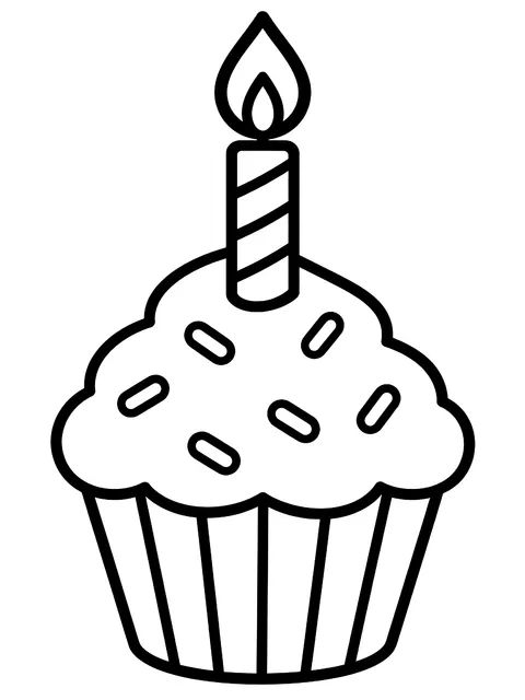 Easy Birthday cupcake with one candle coloring page