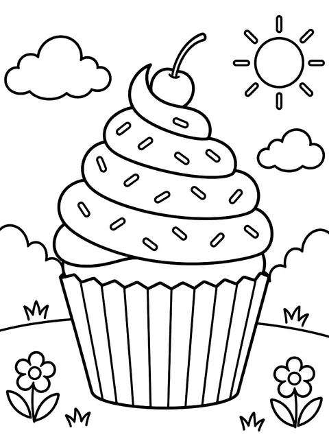 Cupcake with tall swirled frosting coloring page