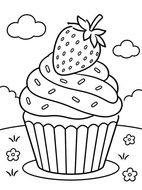Cupcake topped with a strawberry coloring page