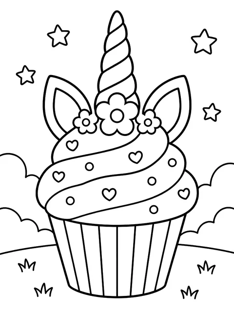 Cupcake with a unicorn horn and ears coloring page