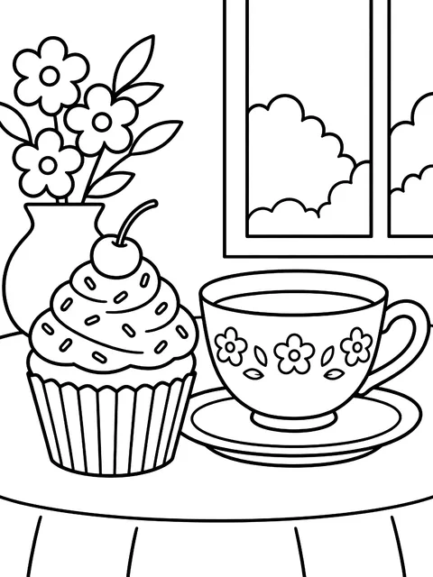 Cupcake beside a teacup coloring page