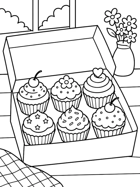 Box of six cupcakes coloring page