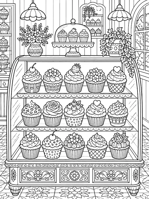 Detailed Bakery display case with cupcakes coloring page