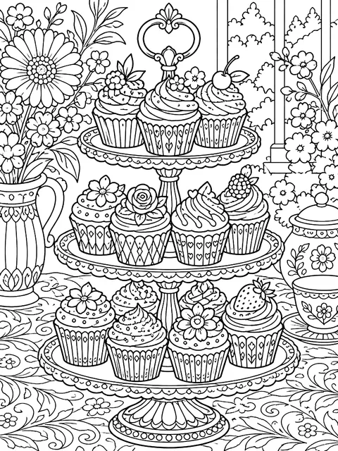 Detailed Tiered stand of cupcakes coloring page