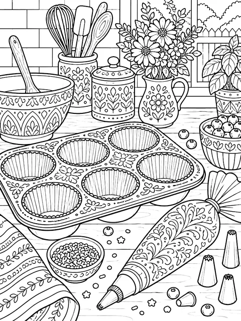 Detailed Kitchen scene with a muffin tin and a piping bag coloring page