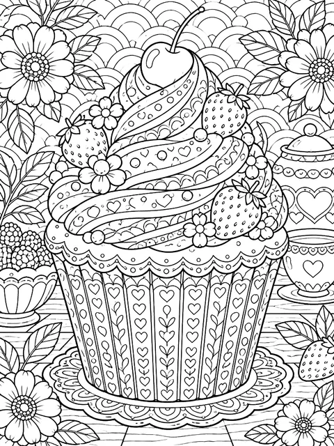 Detailed Giant cupcake with detailed decorations coloring page