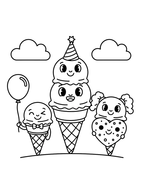 Easy Ice cream cone friends coloring page