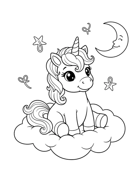 Cute unicorn on a cloud coloring page