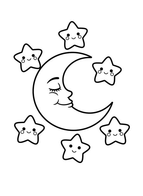 Easy Sleepy moon and stars coloring page