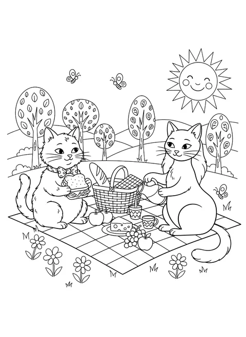 Two cats having a picnic coloring page