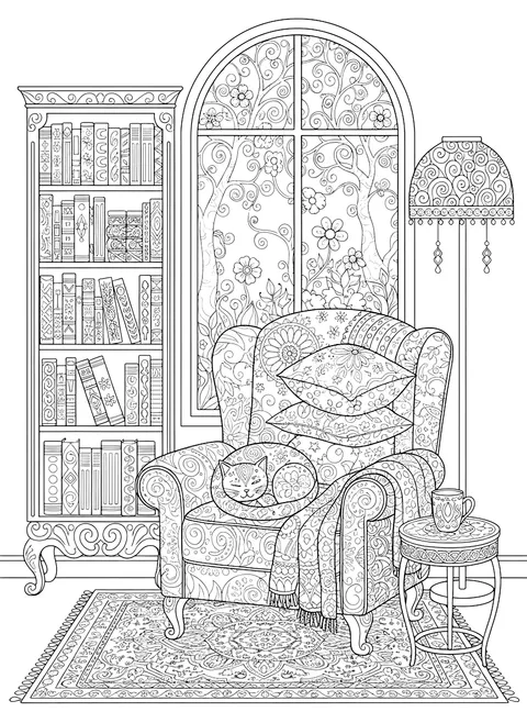 Detailed Cozy reading nook with a cat coloring page