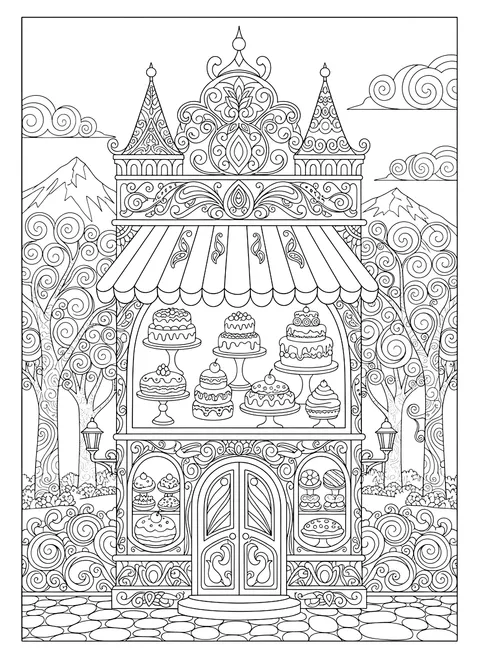 Detailed Tiny bakery shop front coloring page