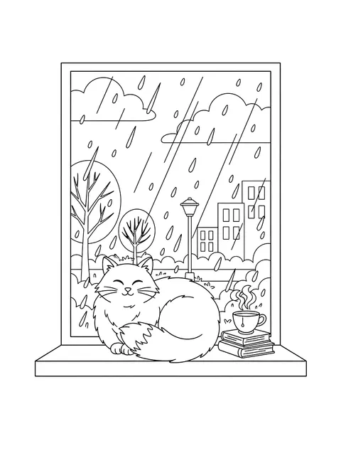 Rainy day window with a cat coloring page