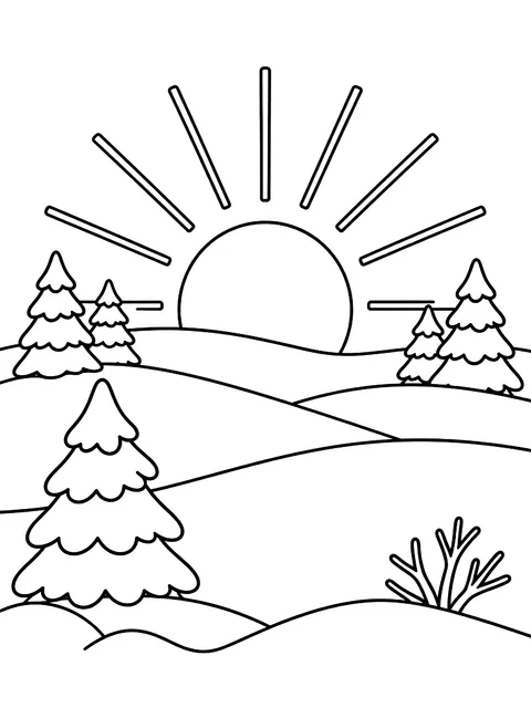 Low solstice sun over snowy hills coloring page