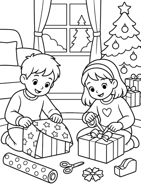 Kids wrapping presents coloring page