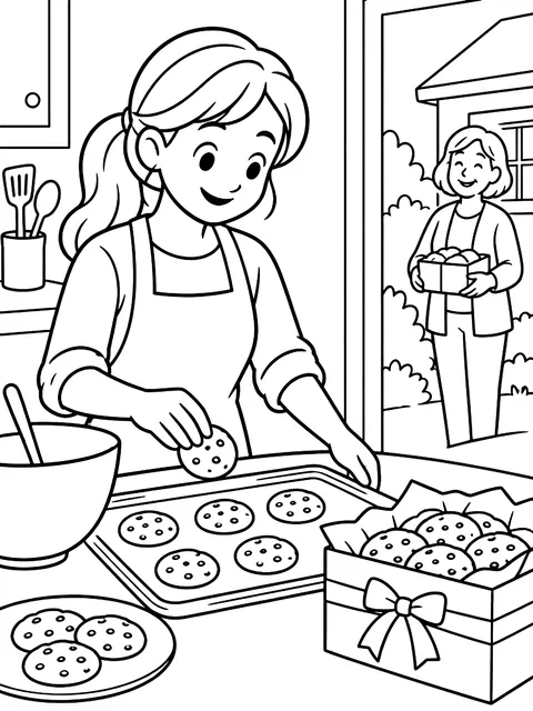 Baking cookies for neighbors coloring page