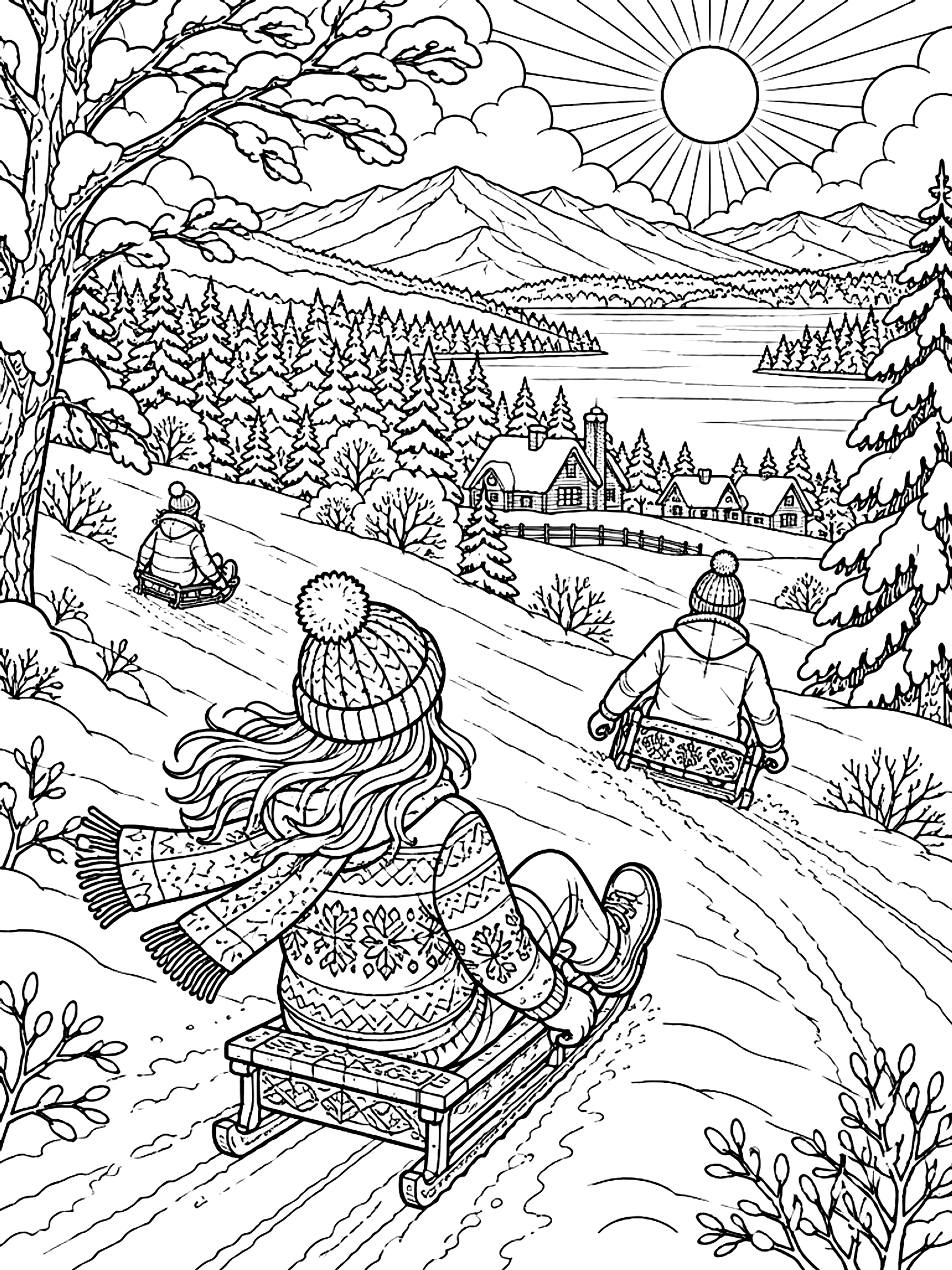 Detailed Sledding hill on the first day of winter break coloring page