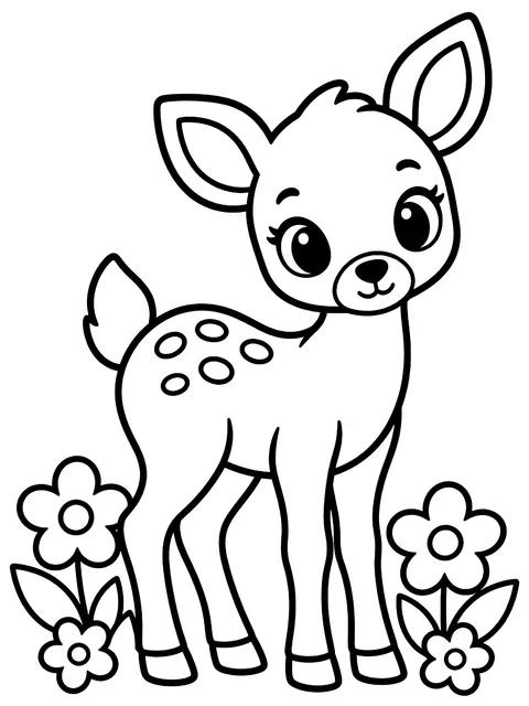 Easy Baby deer standing in flowers coloring page