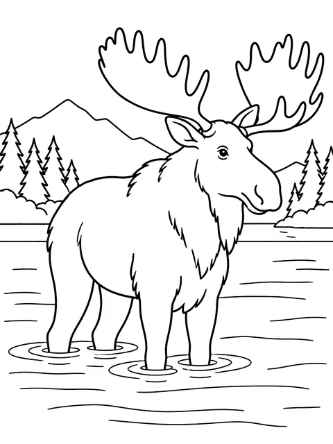 Moose standing in a lake coloring page