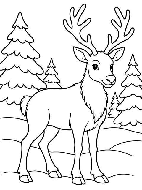 Reindeer in a snowy forest coloring page