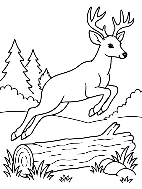 Deer leaping over a log coloring page