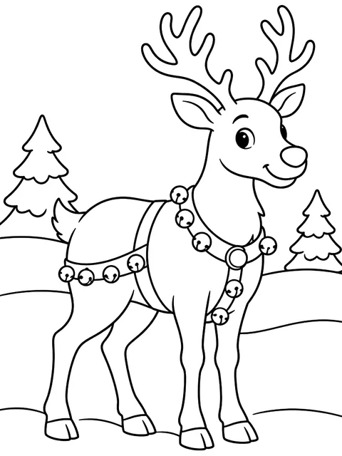 Reindeer wearing a harness with bells coloring page