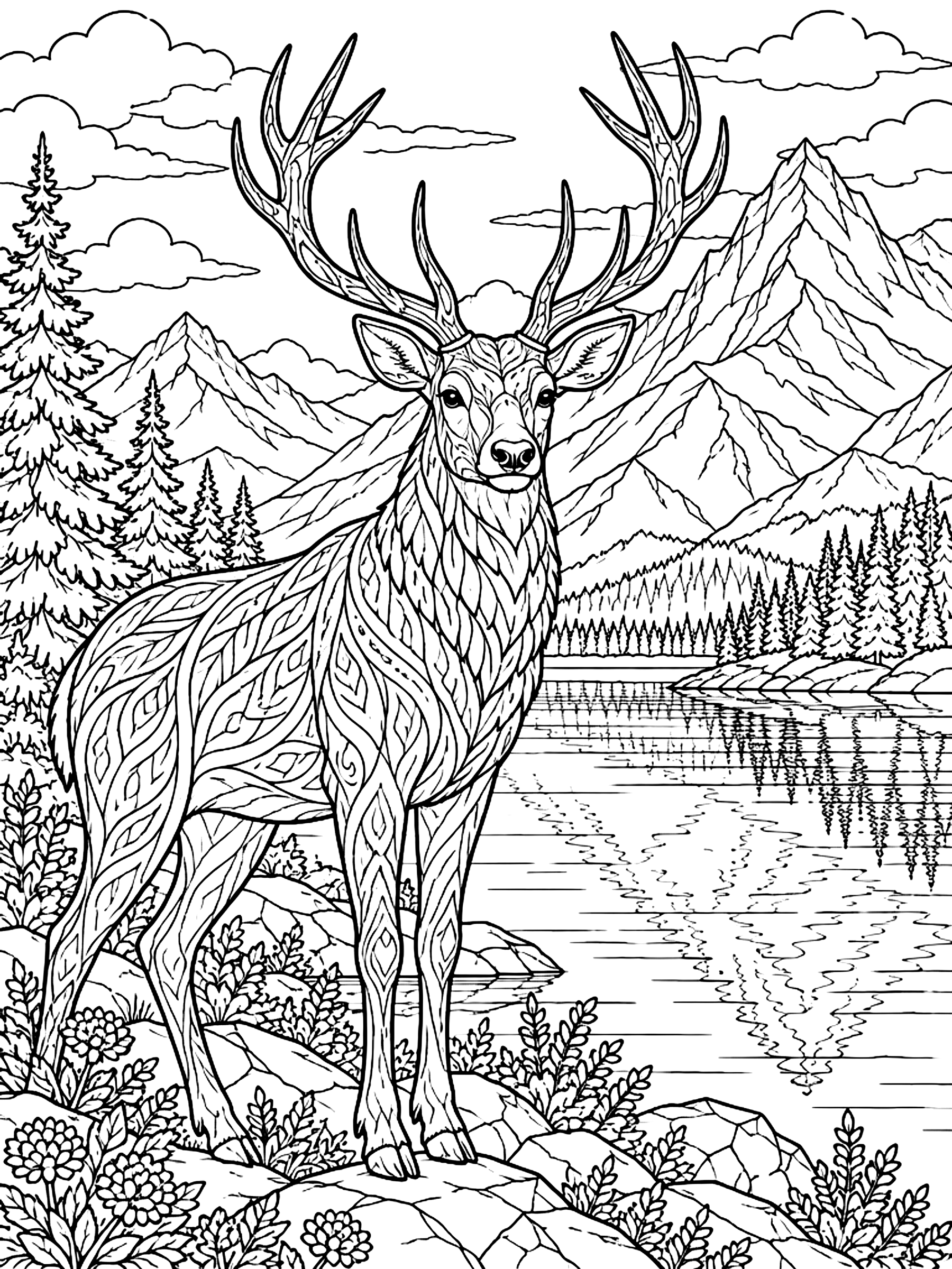 Detailed Stag beside a mountain lake coloring page