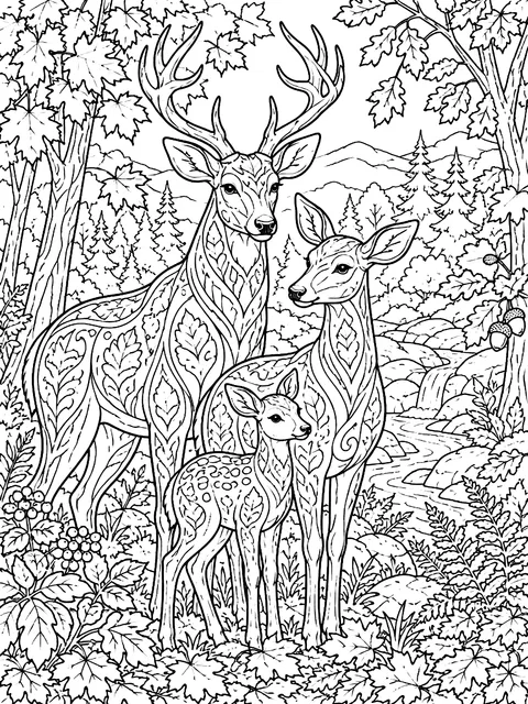 Detailed Deer family in an autumn forest coloring page
