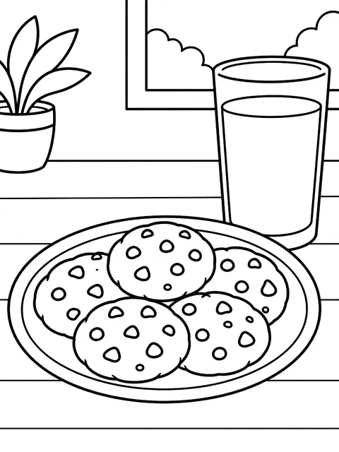 Plate of cookies and a glass of milk coloring page